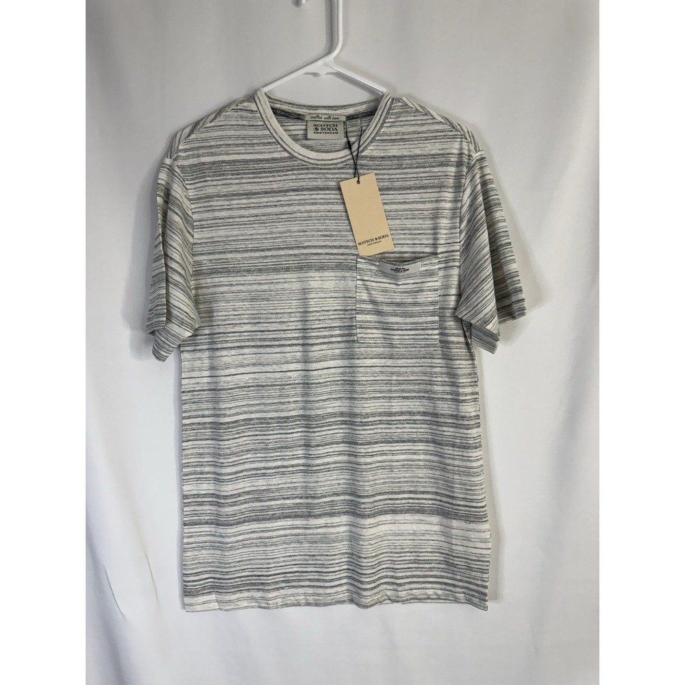 NWT Scotch & Soda Amsterdam‎ Striped Pocket T-Shirt Size S Gray & White Crewneck